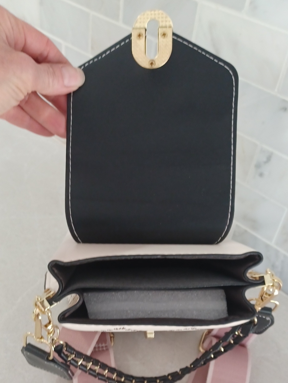 Black Cream Pink Diamond Crossbody Mini Box Bag Purse Removable Wide Strap - Picture 7 of 11